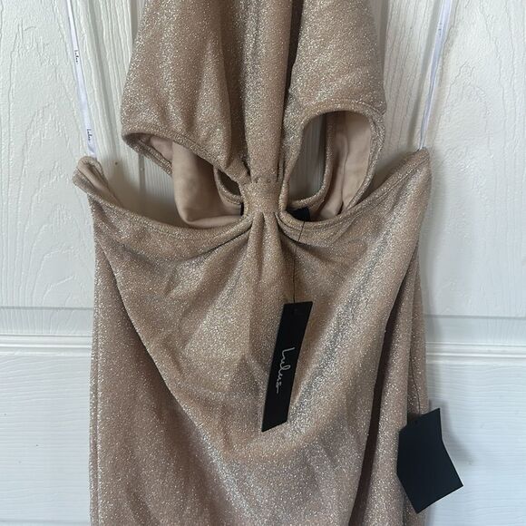 Lulus Glitter and Glam Sparkly Cutout Halter Midi Dress in Cream Size Large - Picture 7 of 8